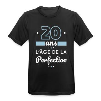 Anniversaire 20 ans - 20 ans âge de la perfection - T-shirt respirant Homme - noir - Devant - AI Model Male 178 light (178cm)
