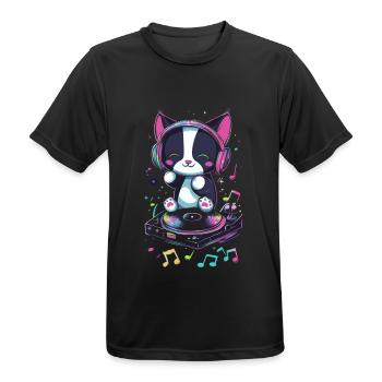 Chat mignon avec des écouteurs et un disque - T-shirt respirant Homme - noir - Devant - AI Model Male 178 light (178cm)