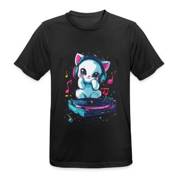 Chat mignon avec des écouteurs et un disque vinyle - T-shirt respirant Homme - noir - Devant - AI Model Male 178 light (178cm)