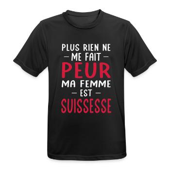 Rien ne me fait peur ma femme est Suissesse - T-shirt respirant Homme - noir - Devant - AI Model Male 178 light (178cm)