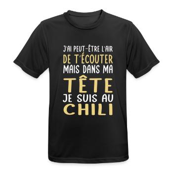 Dans ma tête je suis au Chili - Cadeau humour - T-shirt respirant Homme - noir - Devant - AI Model Male 178 light (178cm)