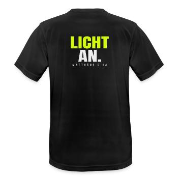 Licht an. – Matthäus 5,14 - Männer T-Shirt atmungsaktiv - Schwarz - Hinten - AI Model Male 178 light (178cm)
