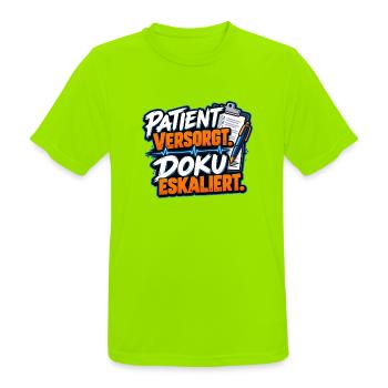 Patient versorgt, Doku eskaliert - Männer T-Shirt atmungsaktiv - Neongrün - Vorne - AI Model Male 185 dark (185cm)