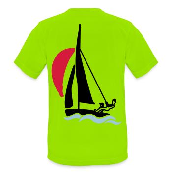 Jugend Segeljolle (420er 470er 505er) Segelboot - Männer T-Shirt atmungsaktiv - Neongrün - Hinten - AI Model Male 185 dark (185cm)