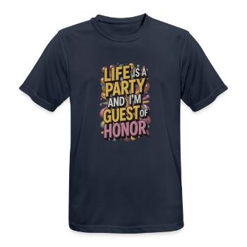 Life is a party – guest of the evening - Men's Breathable T-Shirt - dark navy - Front - AI Model Male 178 light (178cm)