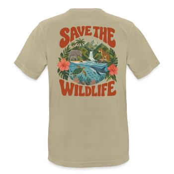 Save The Wildlife - Männer T-Shirt atmungsaktiv - Sandbeige - Hinten - AI Model Male 185 dark (185cm)