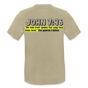 John 7:46 | Bible Quote - Men's Breathable T-Shirt - sand beige - Back - AI Model Male 185 dark (185cm)