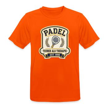 Padel Shirt Teurer Als Therapie | Padel Geschenk - Männer T-Shirt atmungsaktiv - Neonorange - Vorne - AI Model Male 185 dark (185cm)