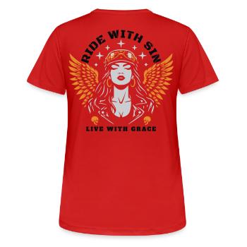 RIDE with SIN LIVE with GRACE - Women's Breathable T-Shirt - red - Back - AI Model Female 172 dark (172cm)
