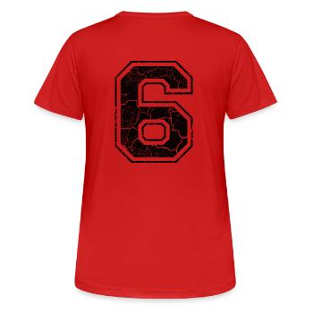 6 six sechs black schwarz (de) - Frauen T-Shirt atmungsaktiv - Rot - Hinten - AI Model Female 172 dark (172cm)
