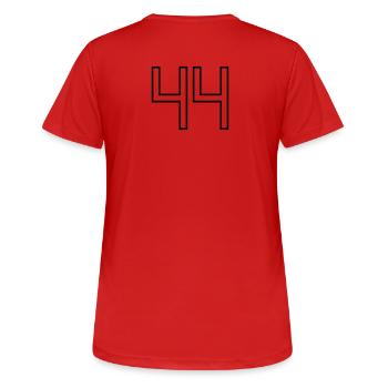 Nummer 44 (Universitätsstil) - Frauen T-Shirt atmungsaktiv - Rot - Hinten - AI Model Female 172 dark (172cm)