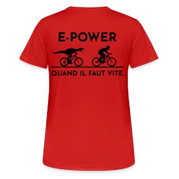 Un vélociraptor poursuit un cycliste électrique - T-shirt respirant Femme - rouge - Dos - AI Model Female 172 dark (172cm)