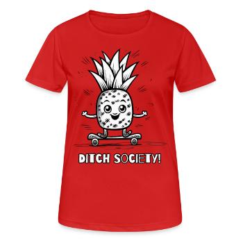 verlasse die Gesellschaft – Skateboardender Ananas - Frauen T-Shirt atmungsaktiv - Rot - Vorne - AI Model Female 172 dark (172cm)