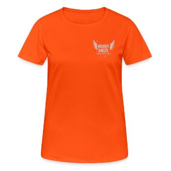 MUDDY ANGEL - Laufe. Lache. Lalle - Frauen T-Shirt atmungsaktiv - Neonorange - Vorne - AI Model Female 172 dark (172cm)