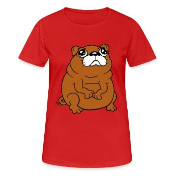 Pug dog sits small begging dick looks sad - Women's Breathable T-Shirt - red - Front - AI Model Female 172 dark (172cm)