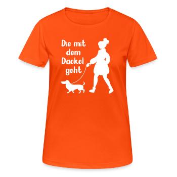 Dackel Hundebesitzerin Die mit dem Hund geht - Frauen T-Shirt atmungsaktiv - Neonorange - Vorne - AI Model Female 172 dark (172cm)