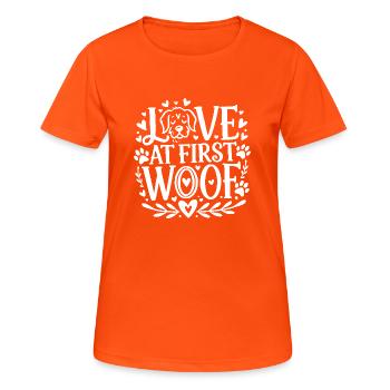 Coup de foudre au premier Woof - T-shirt respirant Femme - orange néon - Devant - AI Model Female 172 dark (172cm)