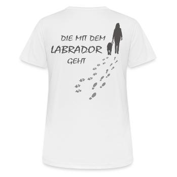 Die mit dem Labrador geht, Hundepfoten Labbi Gassi - Frauen T-Shirt atmungsaktiv - Weiß - Hinten - AI Model Female 172 dark (172cm)
