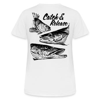 Catch & Release - Frauen T-Shirt atmungsaktiv - Weiß - Hinten - AI Model Female 172 dark (172cm)