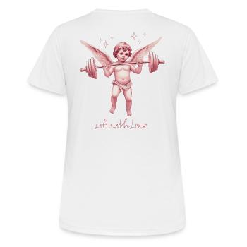 Lift with Love – Vintage Cherub Gym Sticker - Frauen T-Shirt atmungsaktiv - Weiß - Hinten - AI Model Female 172 dark (172cm)