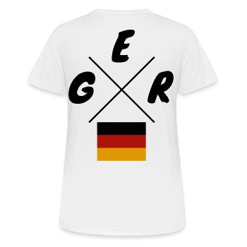 Deutsche Flaggen GER Schriftzug - Frauen T-Shirt atmungsaktiv - Weiß - Hinten - AI Model Female 172 dark (172cm)