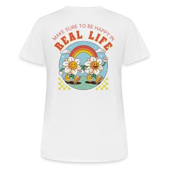 Be Happy in Real Life – Retro Blumen Spruch - Frauen T-Shirt atmungsaktiv - Weiß - Hinten - AI Model Female 172 dark (172cm)