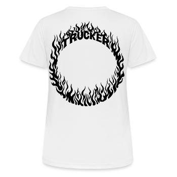 Trucker Feuer Ring detailliert - Farbe veränderbar - Frauen T-Shirt atmungsaktiv - Weiß - Hinten - AI Model Female 172 dark (172cm)