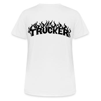Trucker Schriftzug Flammen - Farbe veränderbar - Frauen T-Shirt atmungsaktiv - Weiß - Hinten - AI Model Female 172 dark (172cm)