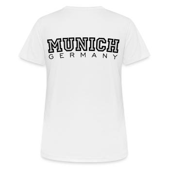 Munich Germany (Schwarz/Weiß) München - Frauen T-Shirt atmungsaktiv - Weiß - Hinten - AI Model Female 172 dark (172cm)