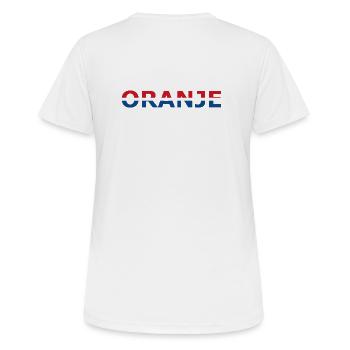 Orange in rot, weiß, blau - Frauen T-Shirt atmungsaktiv - Weiß - Hinten - AI Model Female 172 dark (172cm)