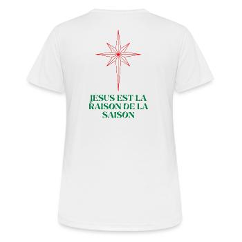 Weihnachtsstern mit religiösem Zitat - Frauen T-Shirt atmungsaktiv - Weiß - Hinten - AI Model Female 172 dark (172cm)
