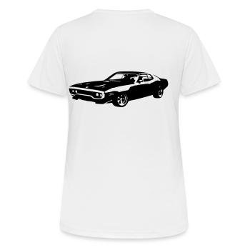 Plymouth Satellite 1972 US-Oldtimers - Frauen T-Shirt atmungsaktiv - Weiß - Hinten - AI Model Female 172 dark (172cm)