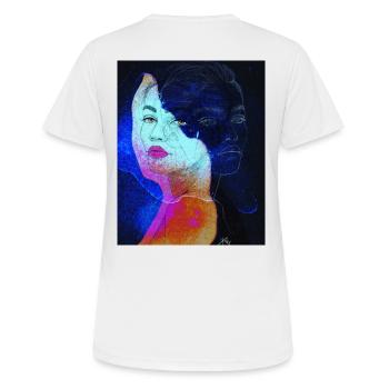 zwei Seiten - Frauen T-Shirt atmungsaktiv - Weiß - Hinten - AI Model Female 172 dark (172cm)