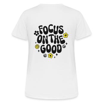Focus on the Good Spruch Trendy Retro Peace Love - Women's Breathable T-Shirt - white - Back - AI Model Female 172 dark (172cm)