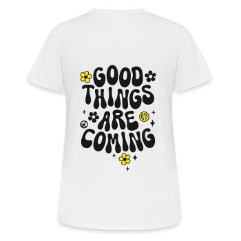 Good things are coming saying Trendy Retro Peace - Women's Breathable T-Shirt - white - Back - AI Model Female 172 dark (172cm)