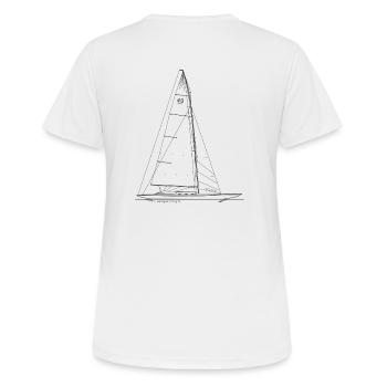 Graphique d'un croiseur skerry des années 40 sur des chemises et des tass - T-shirt respirant Femme - blanc - Dos - AI Model Female 172 dark (172cm)
