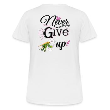 Never Give Up 🐸 Niemals aufgeben Frosch vs Storch - Frauen T-Shirt atmungsaktiv - Weiß - Hinten - AI Model Female 172 dark (172cm)