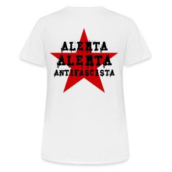 Meist BACKPRINT RÜCKENAUFDRUCK ALERTA ANTIFA - Frauen T-Shirt atmungsaktiv - Weiß - Hinten - AI Model Female 172 dark (172cm)