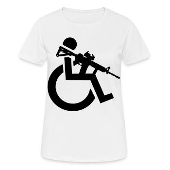 Bewaffneter Rollstuhlfahrer mit Gewehr, Waffe # - Frauen T-Shirt atmungsaktiv - Weiß - Vorne - AI Model Female 172 dark (172cm)