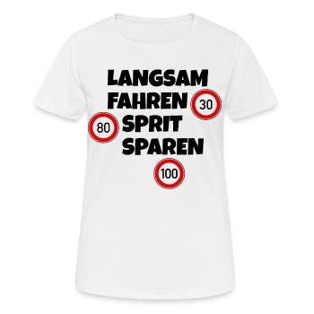 Langsam fahren - Sprit sparen - Tempolimit - Frauen T-Shirt atmungsaktiv - Weiß - Vorne - AI Model Female 172 dark (172cm)