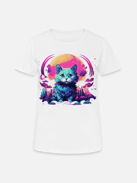 Mond Katze T-Shirt Neon Vaporwave Süß - Frauen T-Shirt atmungsaktiv - Weiß