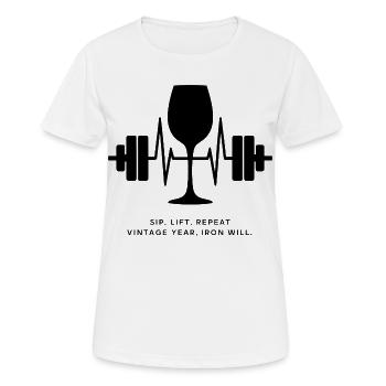 Genuss und Kraft: Wein und Gewichte - Frauen T-Shirt atmungsaktiv - Weiß - Vorne - AI Model Female 172 dark (172cm)