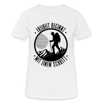 Freiheit beginnt mit einem Schritt Wandern - Frauen T-Shirt atmungsaktiv - Weiß - Vorne - AI Model Female 172 dark (172cm)