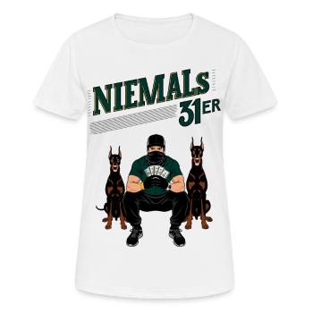 Niemals 31ER - Frauen T-Shirt atmungsaktiv - Weiß - Vorne - AI Model Female 172 dark (172cm)