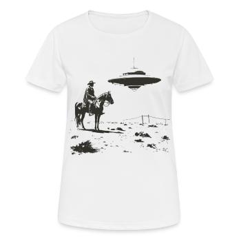 Cowboy rencontre OVNI - Rencontre extraterrestre du Far West - T-shirt respirant Femme - blanc - Devant - AI Model Female 172 dark (172cm)
