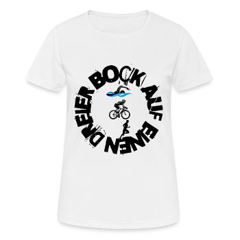 Schwimmen - Radfahren - Laufen = TRIATHLON - Frauen T-Shirt atmungsaktiv - Weiß - Vorne - AI Model Female 172 dark (172cm)