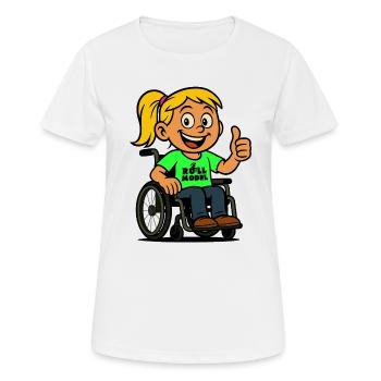Lolla role model of wheelchair users. Wheelchair # - Women's Breathable T-Shirt - white - Front - AI Model Female 172 dark (172cm)