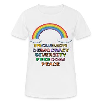 DEMOCRACY INCLUSION PEACE PRIDE - Women's Breathable T-Shirt - white - Front - AI Model Female 172 dark (172cm)