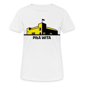 Saw welcomes you. The city of Piła and the building of the Police School - Women's Breathable T-Shirt - white - Front - AI Model Female 172 dark (172cm)