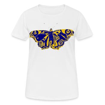 Blaugelber Schmetterling – Symbol der Leichtigkeit - Frauen T-Shirt atmungsaktiv - Weiß - Vorne - AI Model Female 172 dark (172cm)